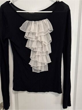 Black Long-Sleeve Ruffle Front Top with White Accents